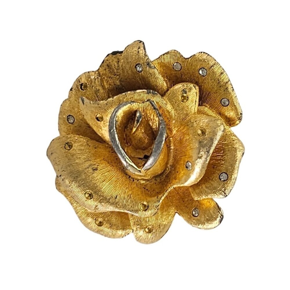 Vintage Gold Tone Rose Brooch With Rhinestone Accents AS IS Missing Pin